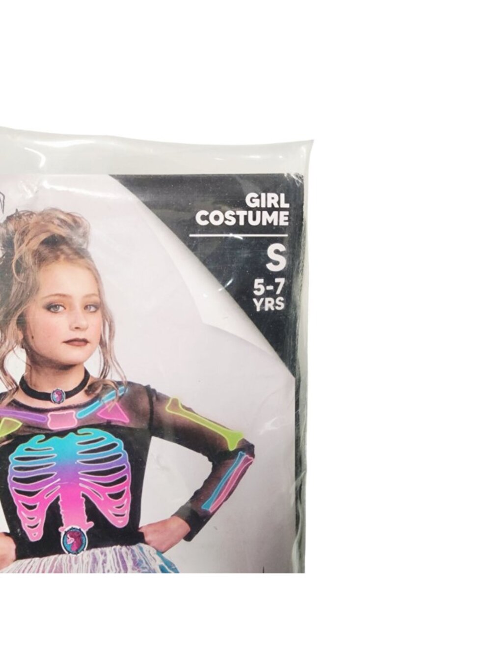 Girls Skeleton Costume Includes Dress Necklace Belt  Leggings Size 5-7 Years - Picture 3 of 4